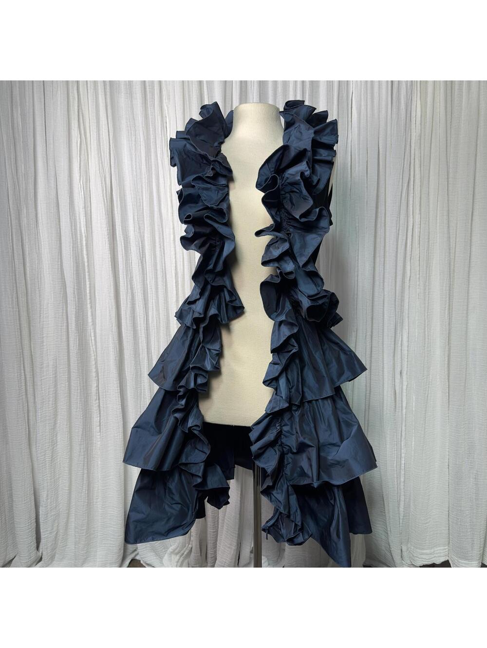 Vintage Avant Garde Regency Ruffled Teal Tiered Midi Dress (M) - Picture 2 of 8